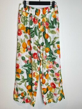 Cynthia Rowley White Orange Linen Citrus Floral Print Wide Leg Lounge Pants Sz M